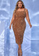 Plus Size Solid Color Square Neck Sequin Strap High Waist Evening Dress