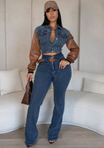 Leather Denim Patchwork Jacket Trousers Women's Two Piece Set