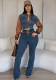 Leather Denim Patchwork Jacket Trousers Women's Two Piece Set