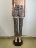 Fashionable High Waist Hollow Leopard Print Diamond Casual Trousers