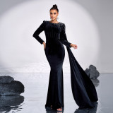 Chic Round Neck Long Sleeve Beaded Formal Party Bodycon Evening Dress Women Bridesmaid Gown
