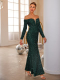 Chic Off Shoulder Solid Color Formal Party Long Sequin Evening Dress