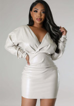 Women's Sexy V-Neck Long Sleeve Slim Leather Dress