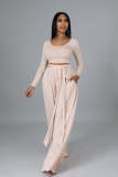 Fashion Solid Color Casual Round Neck Long-Sleeved Top Wide-Leg Trousers Two Piece Set