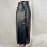 Women's Clothing Solid Color High Waist Slim Slit Leather Skirt