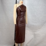 Women's Slash Shoulder Pu Leather Sexy Nightclub Dress