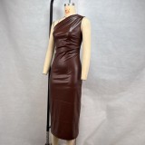 Women's Slash Shoulder Pu Leather Sexy Nightclub Dress