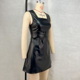 Women's Clothing Pu Leather Slim Waist Square Neck Solid Color Lace-Up Slim Fit Sleeveless Mini Dress