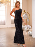 Women's Slash Shoulder Sexy Slim Velvet Sequin Dress
