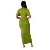 Solid Color Sexy Short-Sleeved Crop Top Slim Long Skirt Two Piece Set