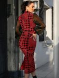 Women's Mesh Long Sleeve Printed Midi Bodycon Dress