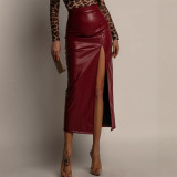 Women's Clothing Solid Color High Waist Slim Slit Leather Skirt