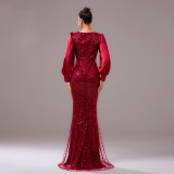 Chic Long Sleeve Round Neck Formal Party Bodycon Beaded Sequin Evening Dress Women Bridesmaid Gown