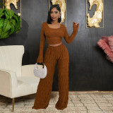 Off Shoulder Long Sleeve Short Top Fashion Slim Trousers  Women Two-Piece Set