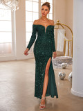 Chic Off Shoulder Solid Color Formal Party Long Sequin Evening Dress