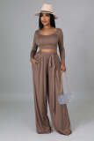 Fashion Solid Color Casual Round Neck Long-Sleeved Top Wide-Leg Trousers Two Piece Set