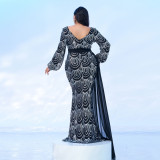 Plus Size Women's Long Sleeve V-Neck Formal Party Sequin Belt Evening Dress
