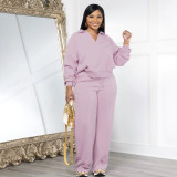 Women Fall and Winter Solid V-Neck Long Sleeve Top and Pant Casual Two-Piece Set