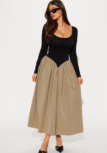 Women Long Dress Elegant Round Neck Backless Patchwork Dress