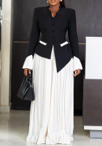 Women Bell Bottom Sleeve Top Pleated Wide Leg Pants Two-Piece Set