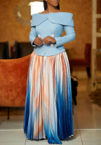 Women Elegant Off Shoulder Top and Print Long Skirt Two-Piece Set