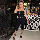 Women Autumn and Winter Lace-Up Top and Solid Shorts Two-Piece Set