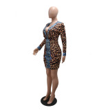 Fashion V-Neck Printed Women's Long Sleeve Bodycon Dress
