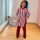 Women stripe printed long-sleeved top and pants two-piece set