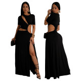 Women's Sexy Hollow Waist Irregular Long Solid Color Slit Dress