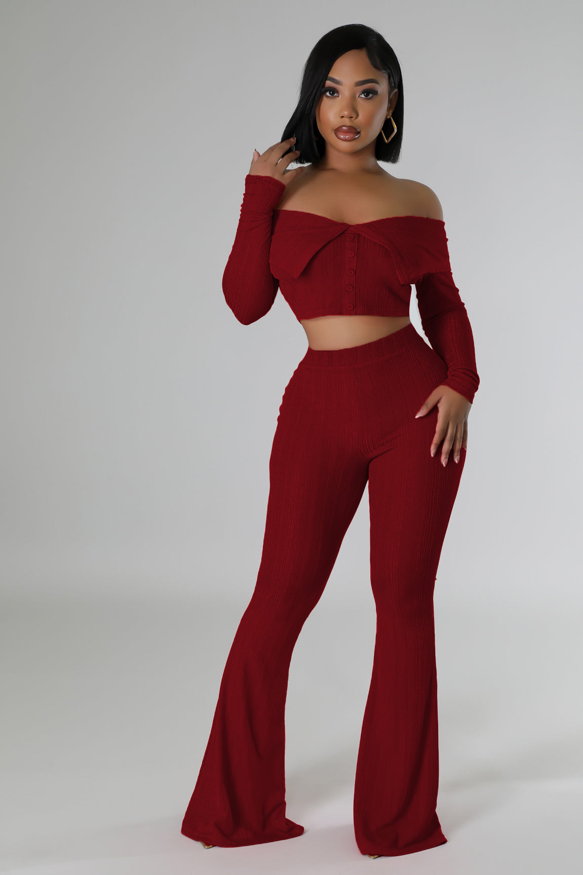 Solid Off-Shoulder Top & Wide Leg Pants Two-Piece Set
