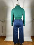 Women Top and Denim Patchwork Pants Two-Piece Set