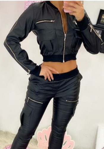 Women Solid pu-Leather Zipper Pocket Baseball Jacket