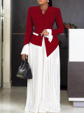 Women Bell Bottom Sleeve Top Pleated Wide Leg Pants Two-Piece Set
