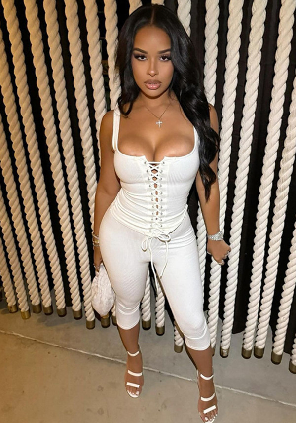 Women Autumn and Winter Lace-Up Top and Solid Shorts Two-Piece Set