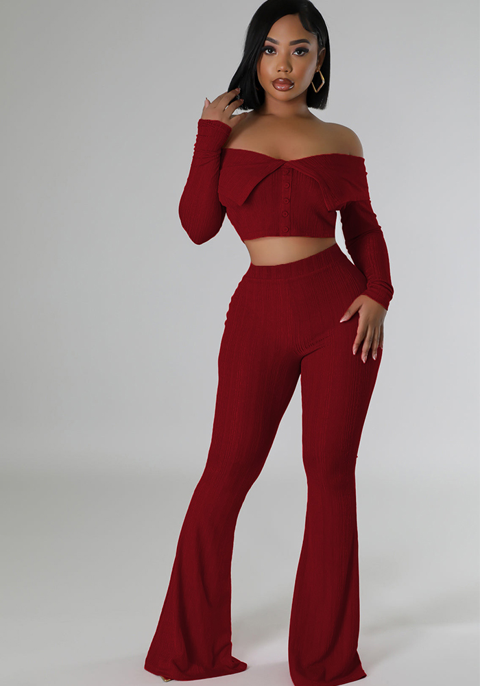 Solid Off-Shoulder Top & Wide Leg Pants Two-Piece Set