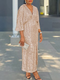 Plus Size Women Autumn V-Neck Sequin Slit Dress