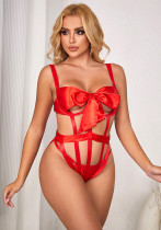 Women Red Bow Lace-Up Hollow Sexy Bodysuit Sexy Lingerie