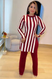 Women stripe printed long-sleeved top and pants two-piece set