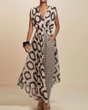 Women Printed Sleeveless V-Neck Lace Top + Pants Two-Piece Set