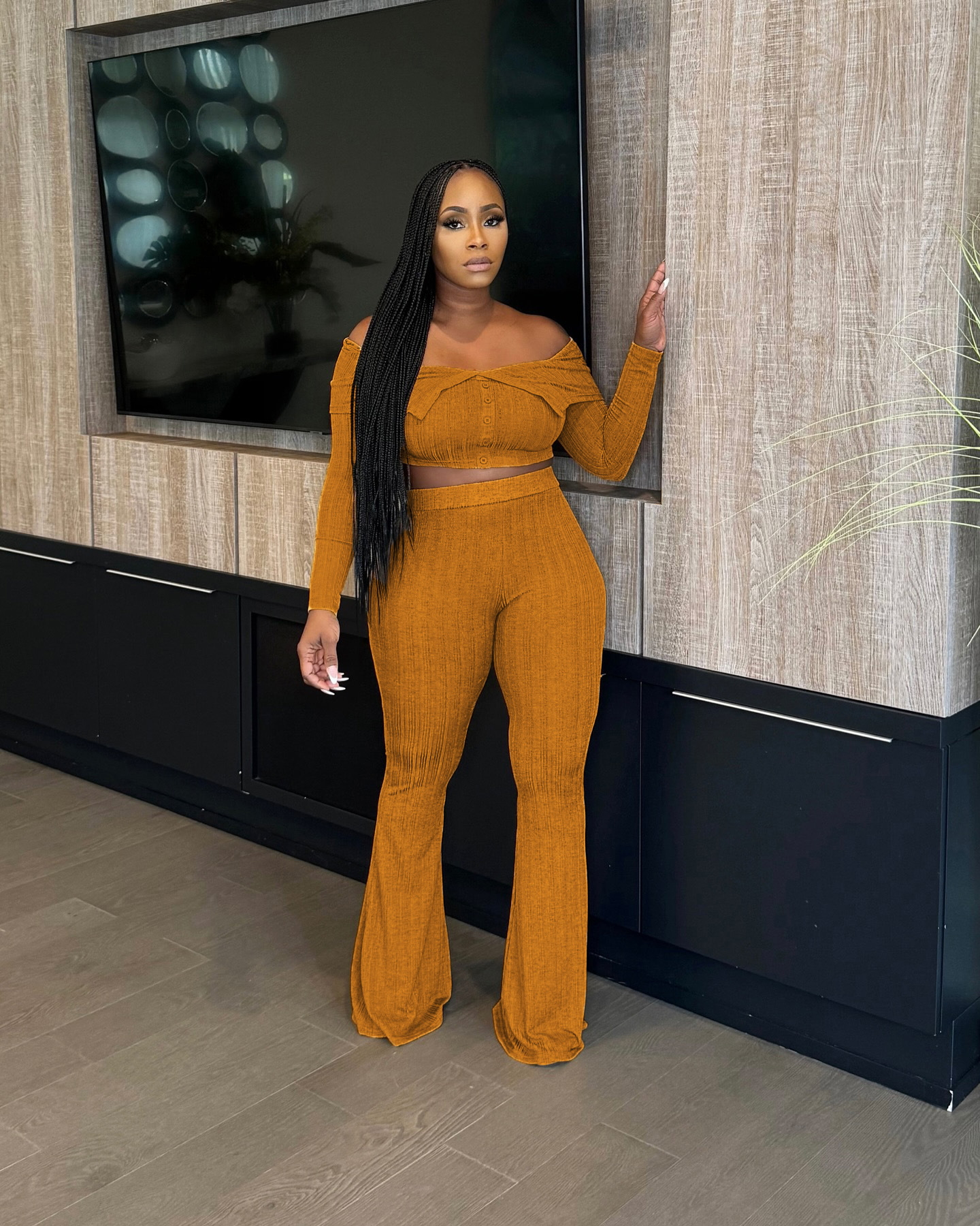 Solid Off-Shoulder Top & Wide Leg Pants Two-Piece Set