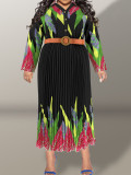 Plus Size Women Printed Pleated Long Sleeve Elegant Dress with Belt