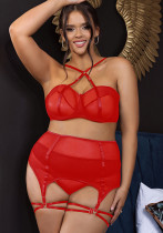 Women Mesh See-Through Cross Lace-Up Hollow Sexy Lingerie Three-Piece