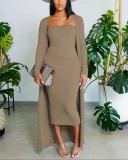 Autumn Long-Sleeved Coat Chic Fashion Solid Color Strapless Slim Long Dress Two Piece Set