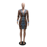 Fashion V-Neck Printed Women's Long Sleeve Bodycon Dress