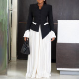 Women Bell Bottom Sleeve Top Pleated Wide Leg Pants Two-Piece Set