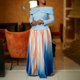 Women Elegant Off Shoulder Top and Print Long Skirt Two-Piece Set