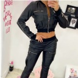 Women Solid pu-Leather Zipper Pocket Baseball Jacket