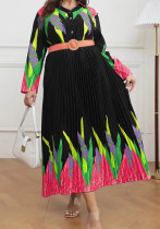 Plus Size Women Printed Pleated Long Sleeve Elegant Dress with Belt Plus Size Women Printed Pleated Long Sleeve Elegant Dress with Belt