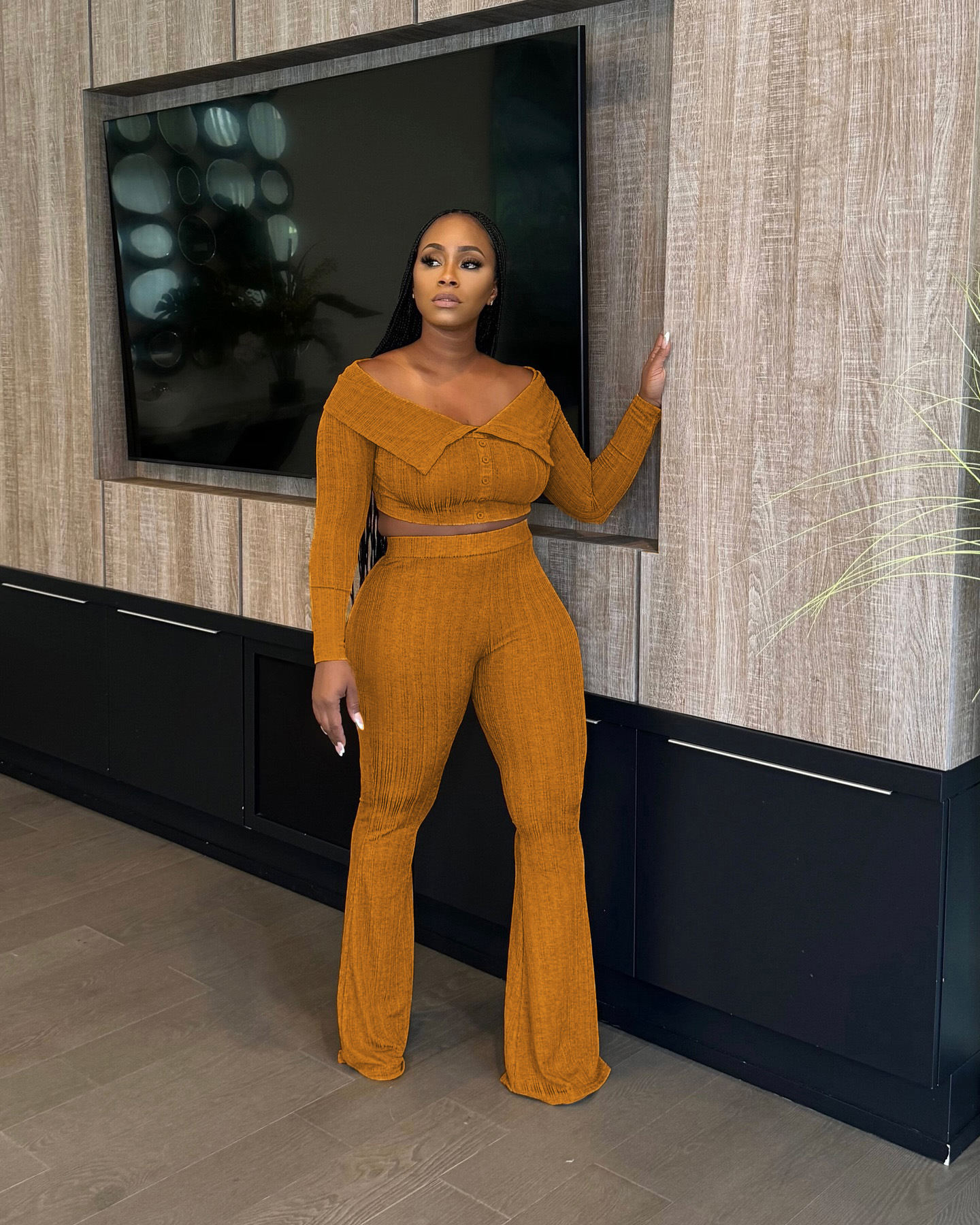 Solid Off-Shoulder Top & Wide Leg Pants Two-Piece Set