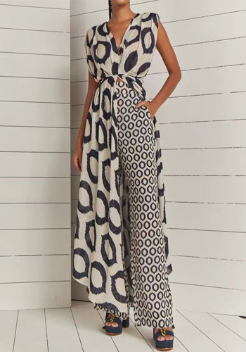 Women Printed Sleeveless V-Neck Lace Top + Pants Two-Piece Set